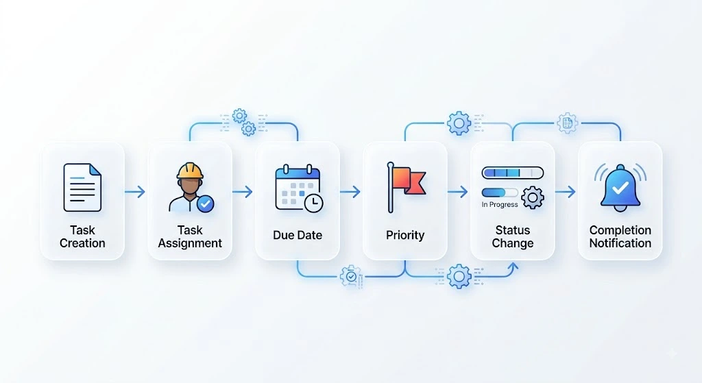 Automated project management task workflow from assignment to completion
