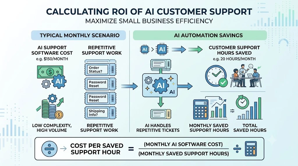 AI customer support ROI showing support hours saved and software cost