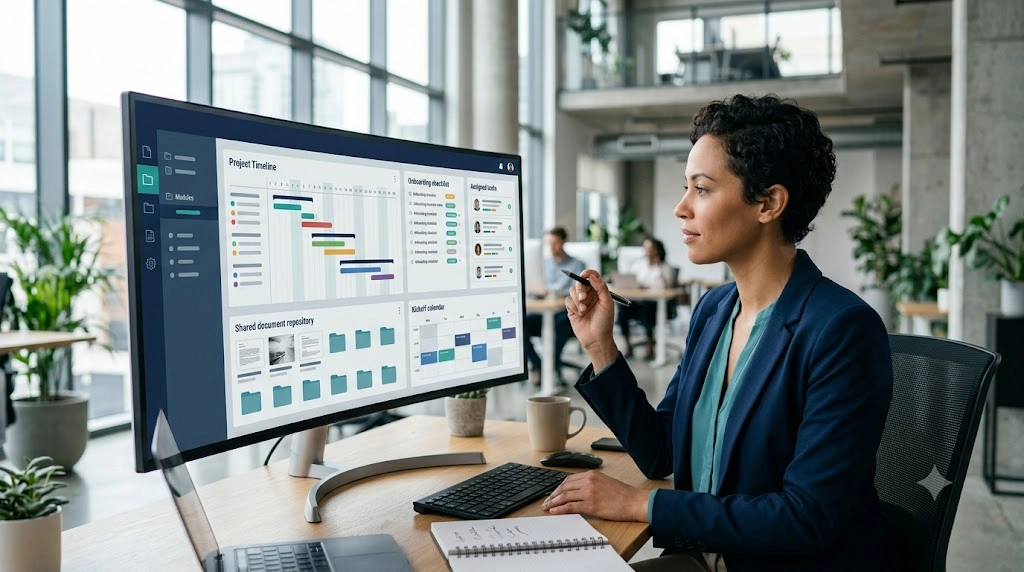 Eight-step no-code client onboarding workflow from contract signing to task assignment