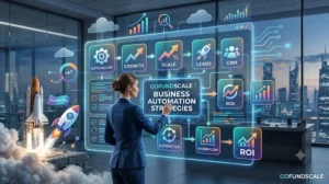 Professional reviewing business automation strategies flowchart dashboard for GoFundScale