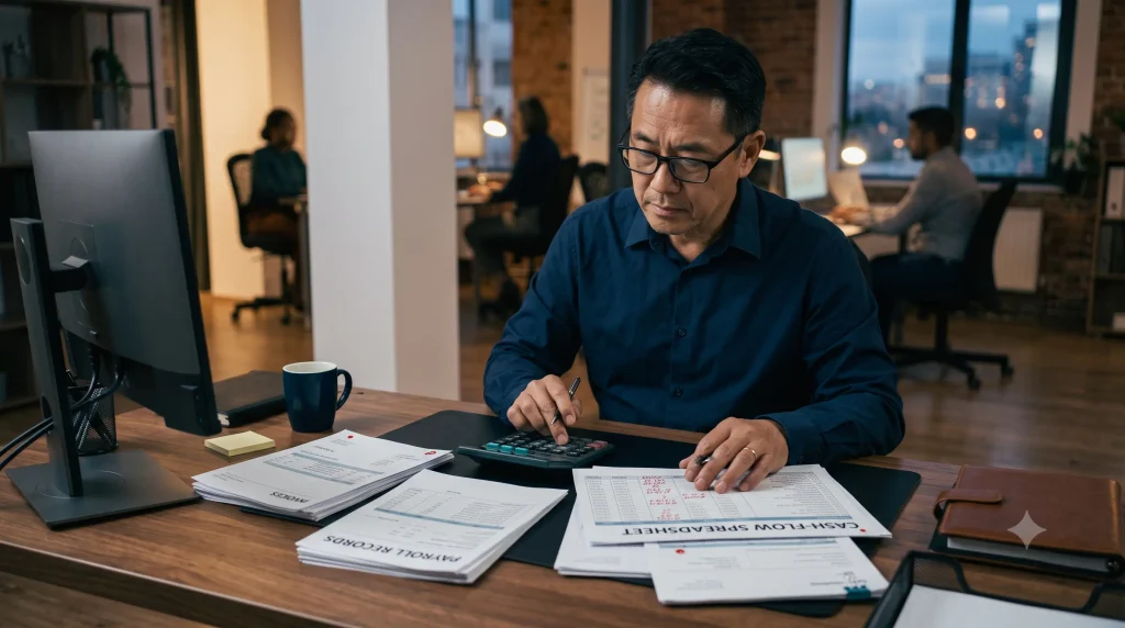 Small business owner correcting common cash flow forecasting mistakes