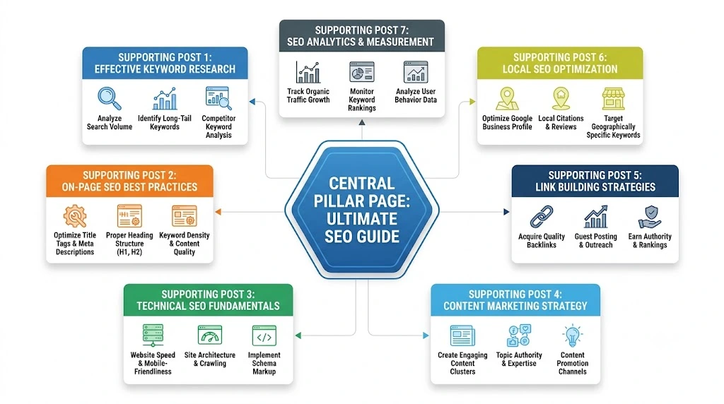 Content Marketing & SEO content cluster strategy connecting a pillar page with supporting blog content for topical authority
