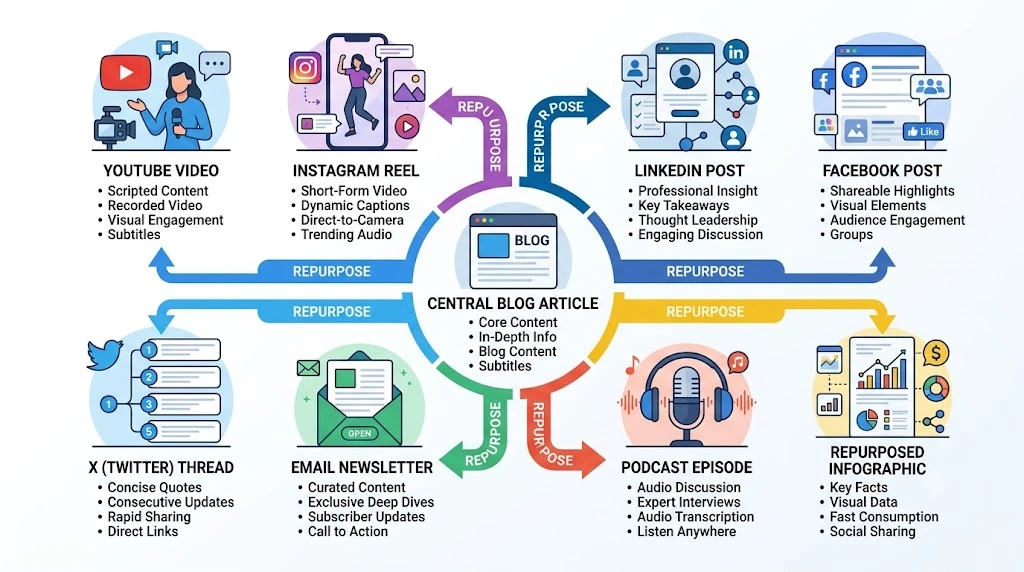 Content Marketing & SEO content repurposing workflow turning one blog post into social media, video, podcast, and email content