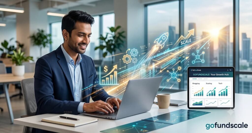 Professional working on a laptop at a modern office desk with visual growth effects
