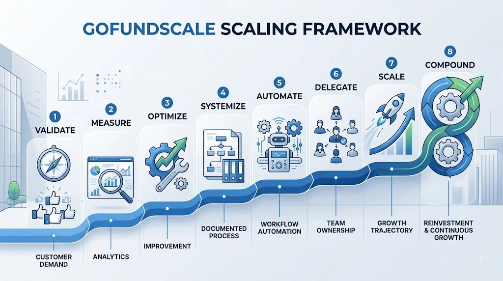 framework.jpg
Gofundscale scaling framework from validation and measurement to optimization systemization automation delegation scale and compounding growth