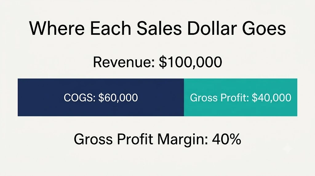 Revenue of $100,000 split into $60,000 COGS and $40,000 gross profit