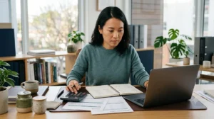 Small business owner reviewing sales and costs to calculate the gross profit margin formula