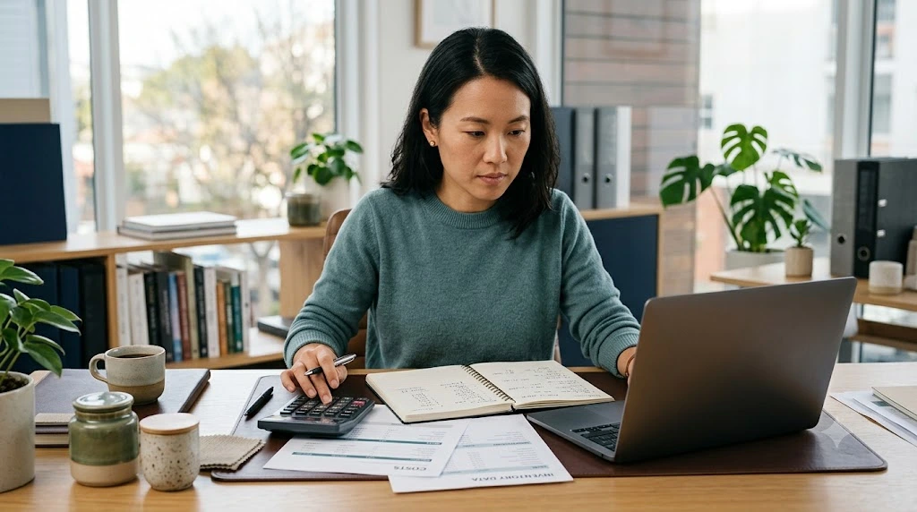 Small business owner reviewing sales and costs to calculate the gross profit margin formula