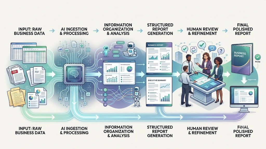 AI workflow for creating a business report from business data and documents