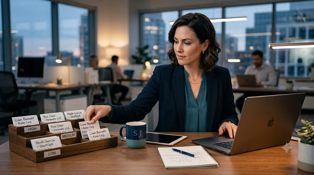 Small-business owner screening sales leads before booking qualification calls