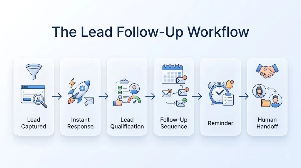 Six-step automated lead follow-up workflow from lead capture to human handoff
