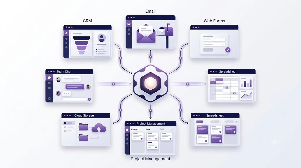 No-code integration tools connecting multiple business apps through automation