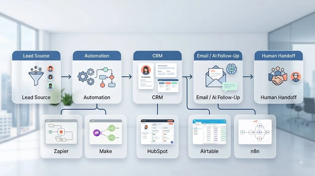 No-code tools connected in an automated lead follow-up workflow