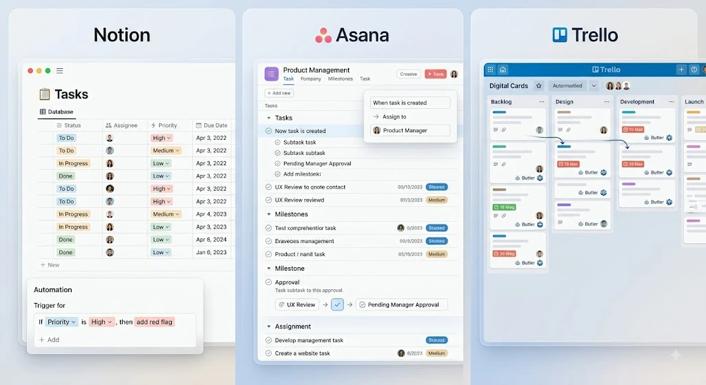 Notion Asana and Trello project automation comparison