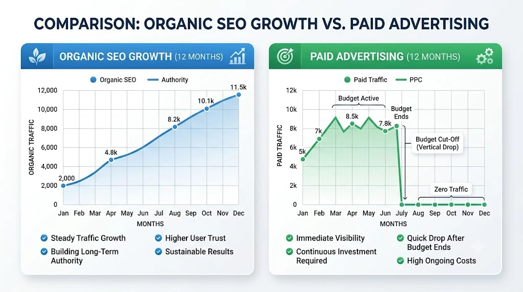Content Marketing & SEO comparison showing long-term organic traffic growth versus paid advertising results