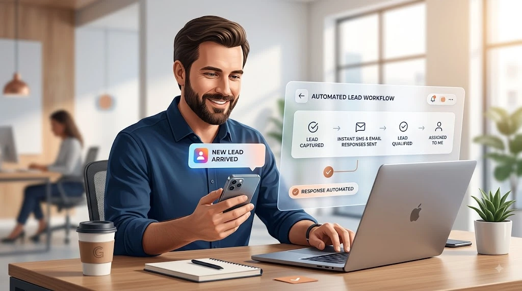 Small business owner using automated lead follow-up on laptop and phone