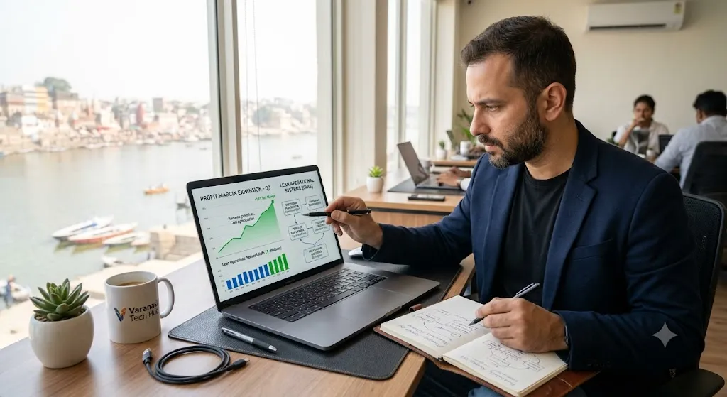 Founder analyzing profit margin optimization