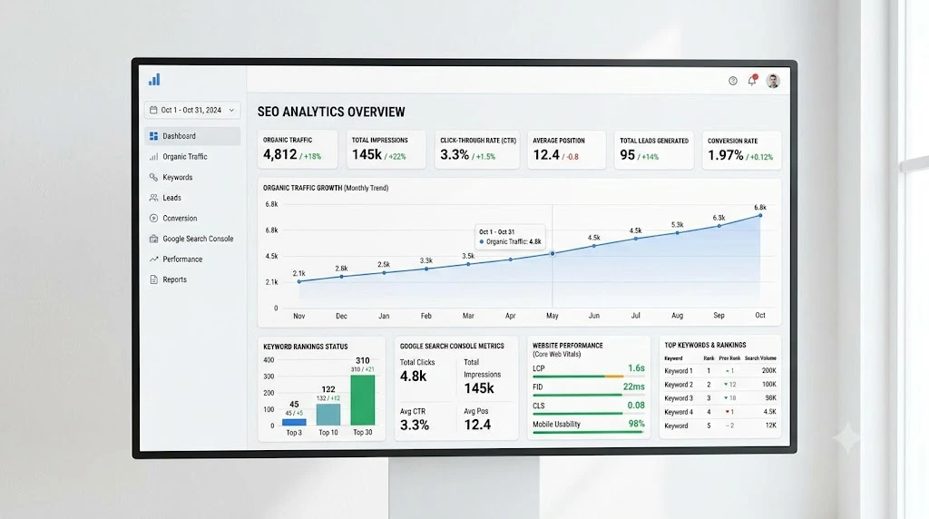 Content Marketing & SEO analytics dashboard tracking organic traffic, keyword rankings, leads, and conversion performance