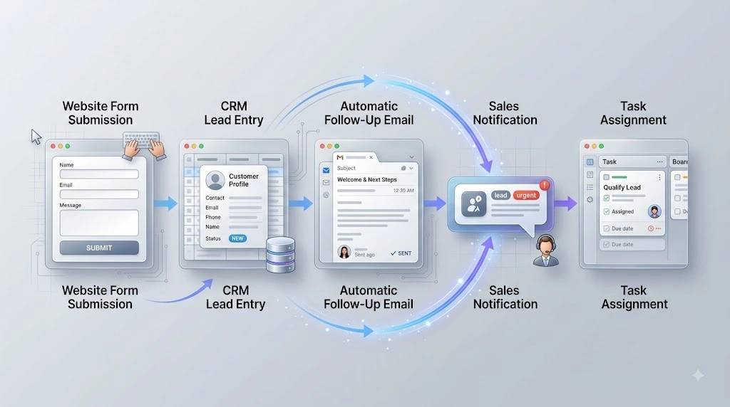 Automated workflow connecting lead capture CRM follow-up and task assignment