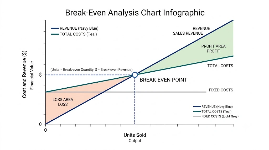 Small-business break-even point chart showing revenue and total costs
