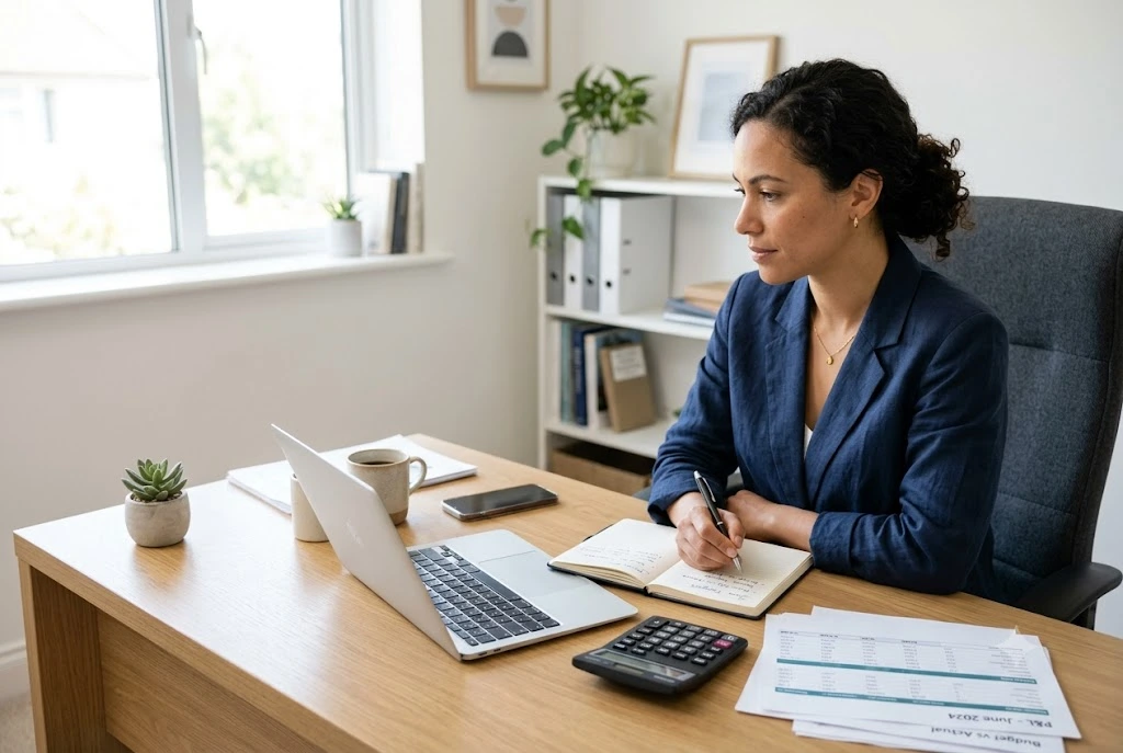 Small business owner reviewing a monthly small business budget