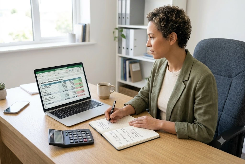 Small business owner comparing budget and actual monthly expenses
