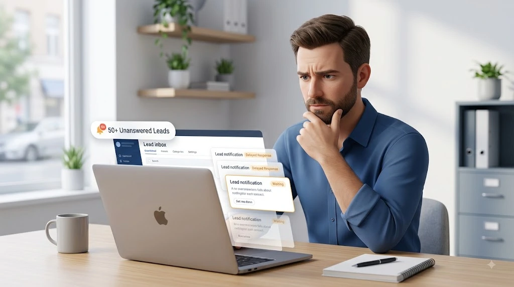 Small business owner reviewing unanswered leads and delayed follow-up
