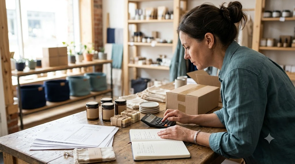Small retail business owner reviewing product costs with a calculator and supplier invoices