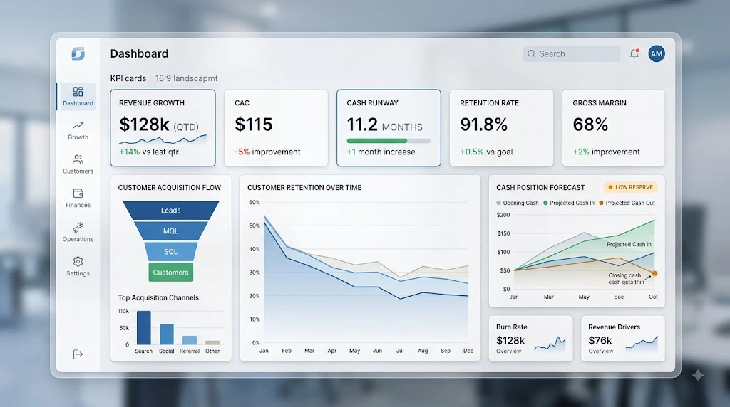 Small business scaling dashboard showing revenue CAC cash runway retention and gross margin