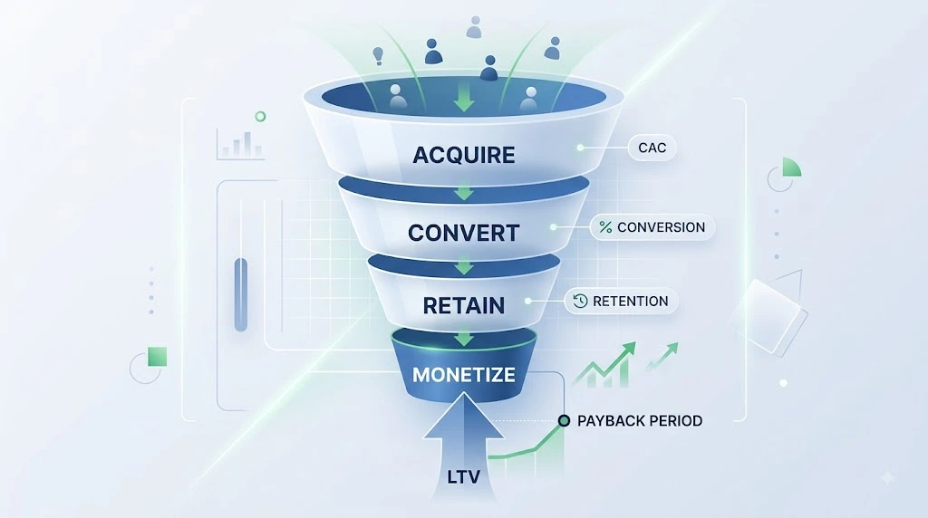 Small business unit economics funnel showing acquire, convert, retain, and monetize