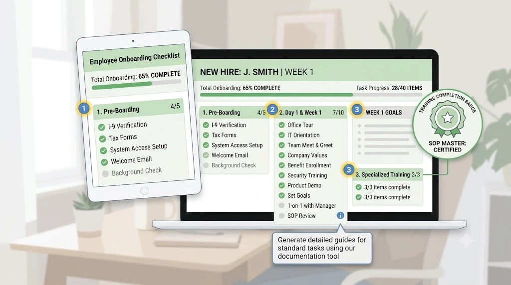 Illustration of an onboarding checklist and training progress bars