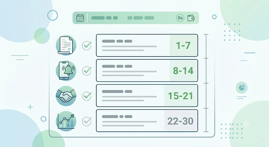 Four-week calendar checklist outlining a 30-day cash flow improvement plan