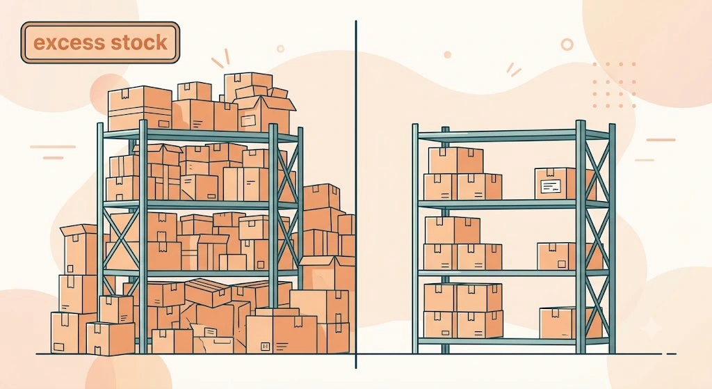 Before and after comparison of an overstocked warehouse versus a right-sized inventory