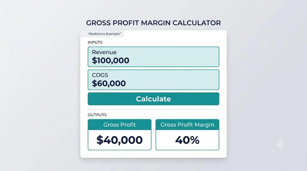 Illustrative calculator showing $40,000 gross profit and a 40% margin from $100,000 revenue