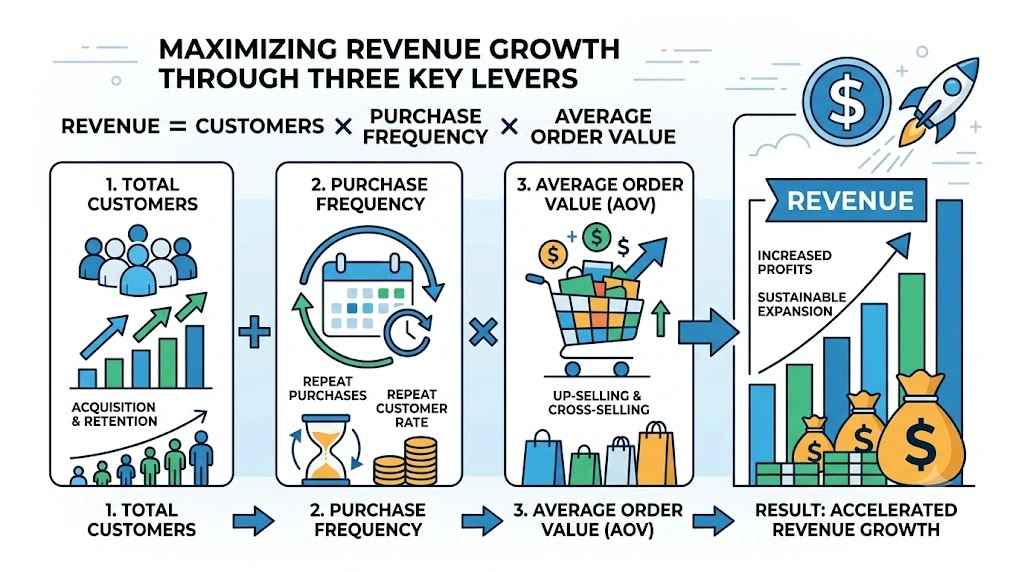 Revenue per customer formula showing customers, purchase frequency, and average order value
