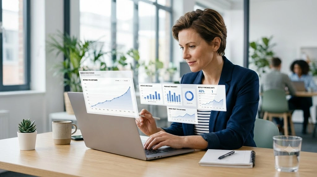 Small business dashboard tracking revenue per customer growth
