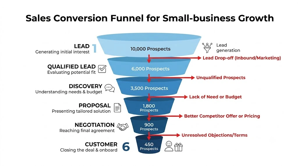 Small business sales conversion funnel showing each sales stage