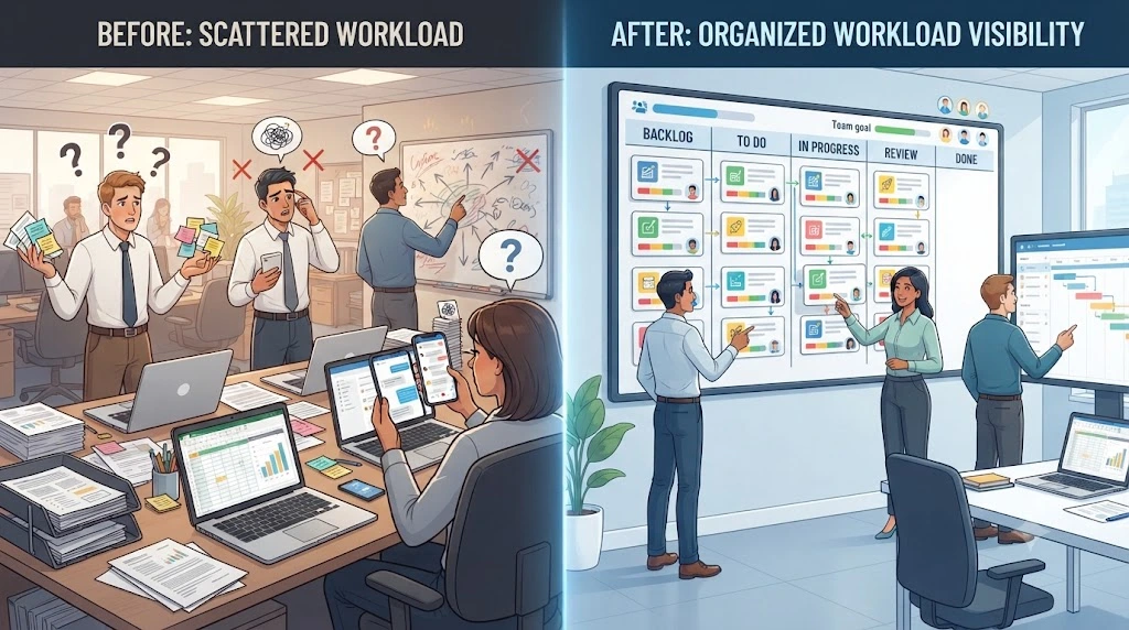 Before and after view of shared workload visibility for a team