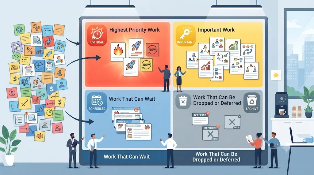 Four-bucket task prioritisation system for a small team
